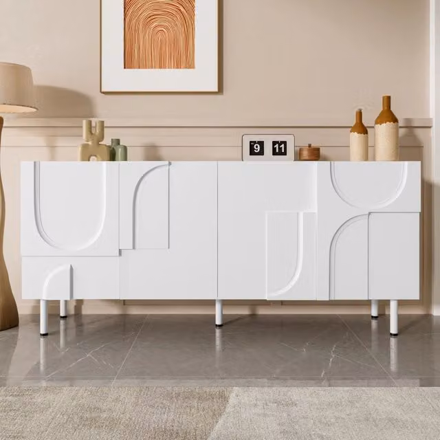 Credenza moderna con 4 ante e design geometrico in MDF e metallo, finitura opaca, colore bianco