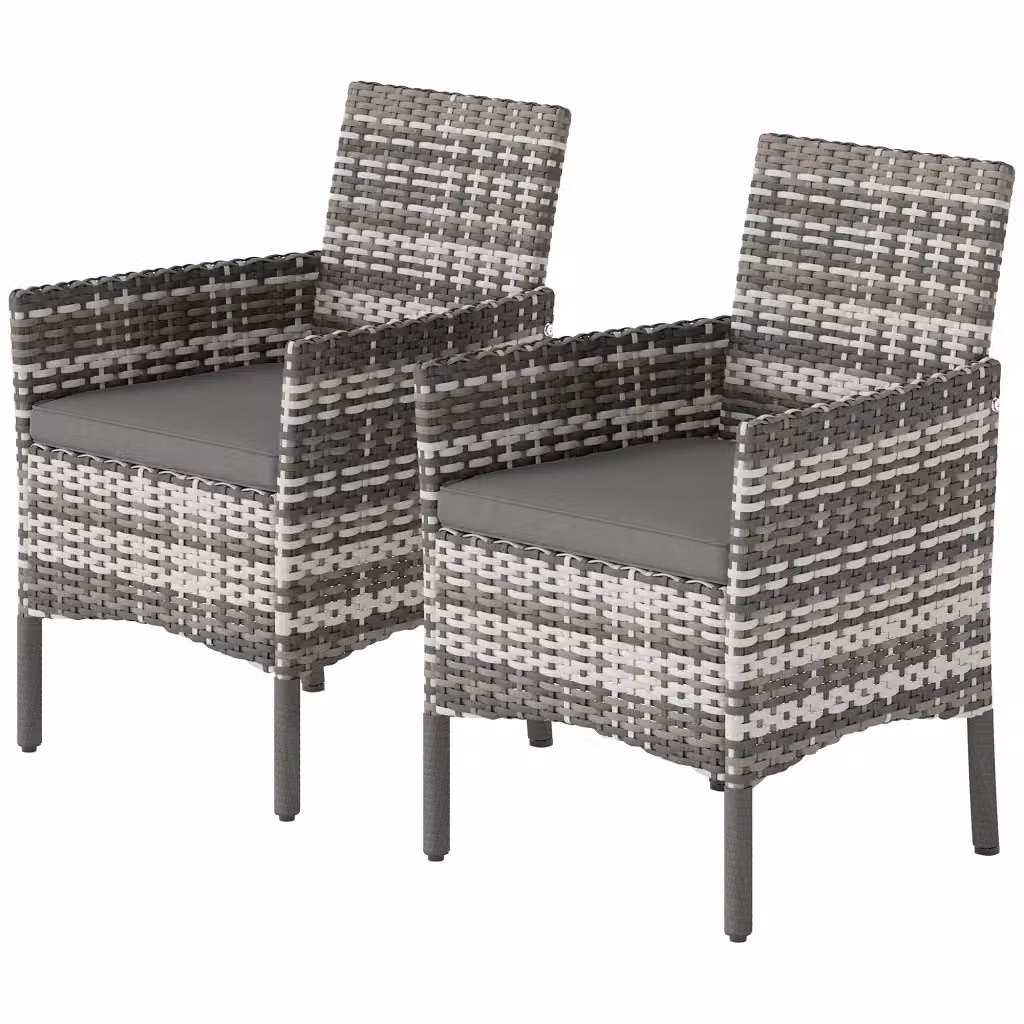 Set di 2 sedie da giardino Xylo in rattan con braccioli, schienale alto e cuscini, colore grigio, L: 58 cm, P: 62 cm, H: 87 cm – 2