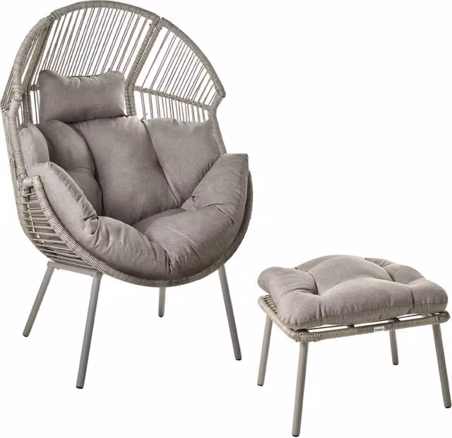 Poltrona da giardino in rattan naturale con poggiapiedi in cotone cuscini per lo schienale del sedile bianco sporco per interni ed esterni