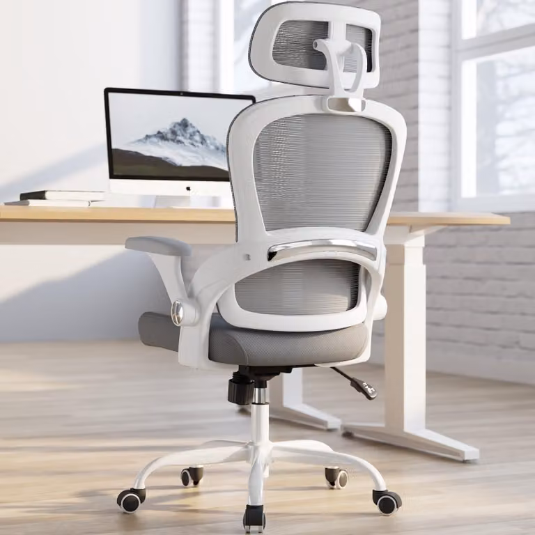 Sedia da ufficio ergonomica, grigia - Poggiatesta regolabile - Portata massima: 150 kg - Struttura in metallo
