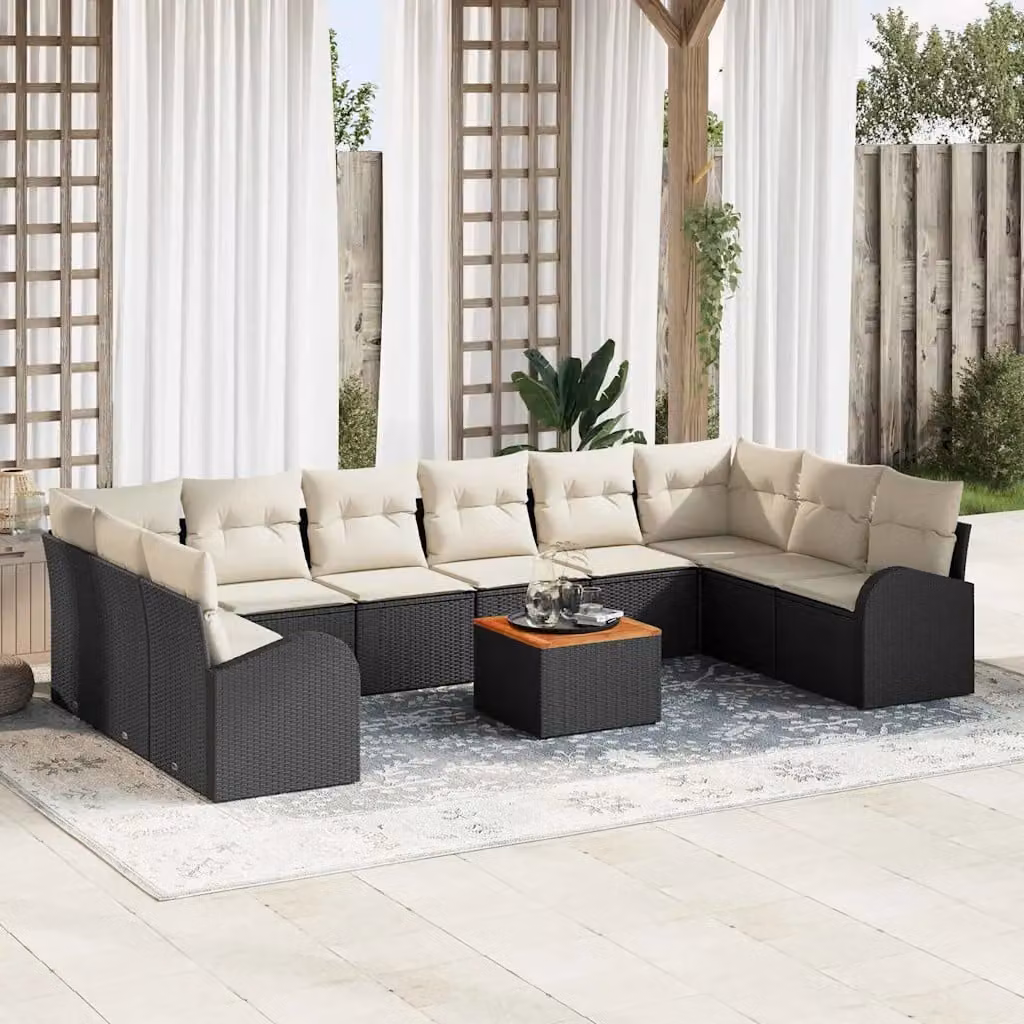 Set Divano da Giardino vidaXL 11 pezzi in Polyrattan Nero con Cuscini e Tavolino da Esterno in Acciaio Verniciato a Polvere – 1