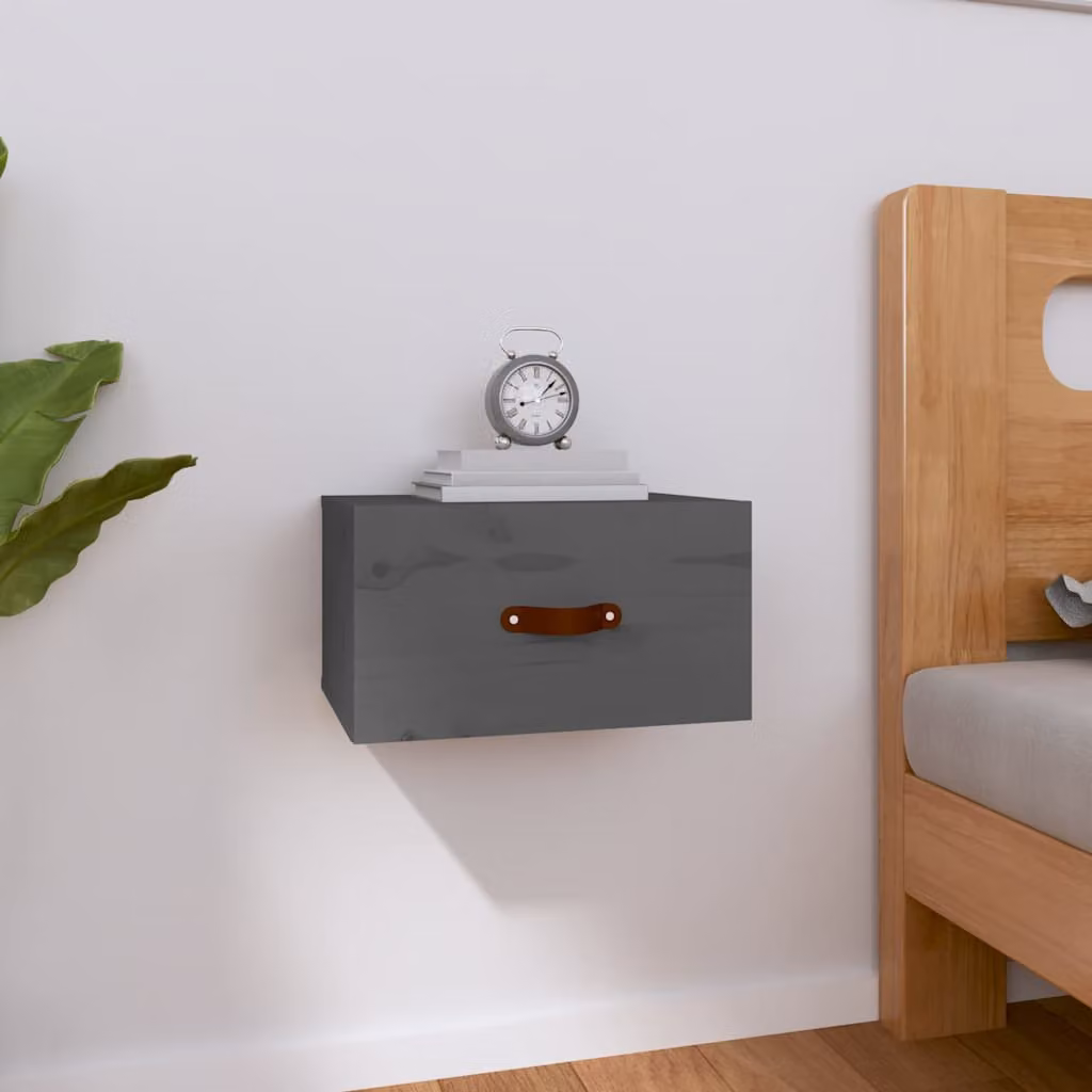 Comodino a muro vidaXL in legno di pino grigio, design moderno per camera da letto, L: 40 cm, P: 29,5 cm, H: 22 cm