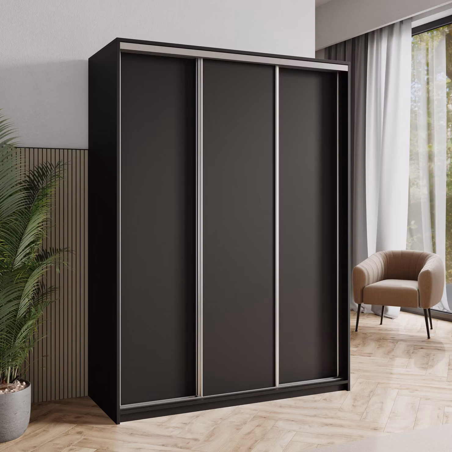 Armadio scorrevole Masseno NISSE 150/205/60 cm Armadio con cassetti Armadio per camera da letto a 3 ante Nero + Satin