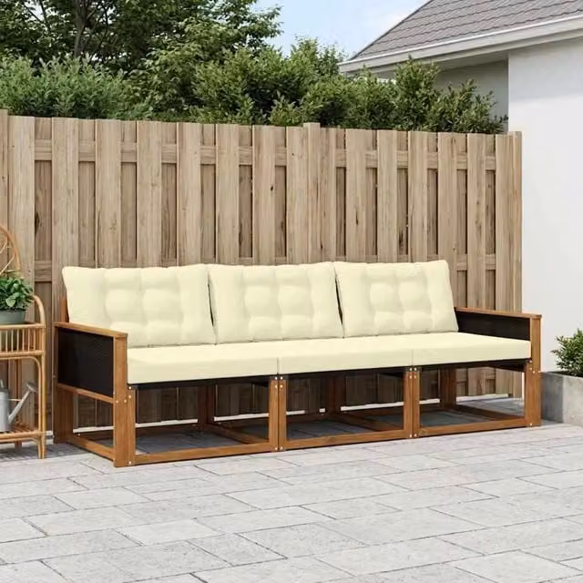 Set di divani da esterno 3 pezzi vidaXL in legno di acacia e tessuto textilene, colore beige e bianco con cuscini inclusi