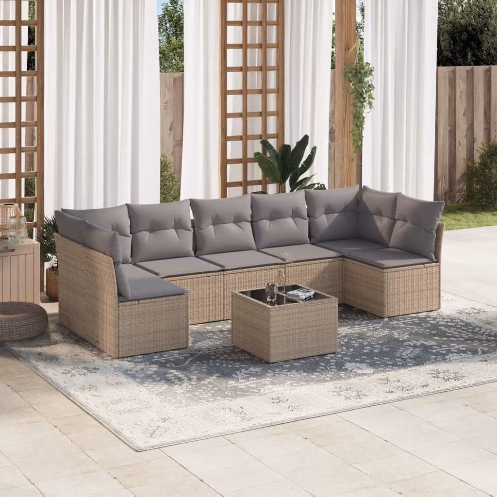 vidaXL Set Divano da Giardino 8 pz a Forma di L con Cuscini Beige e Tavolino in Polyrattan e Metallo – 1