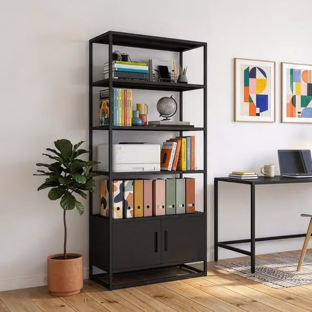 Libreria Hailuoto Scaffale in Acciaio con Ripiani Aperti e Armadietto 180x80x40 cm Nero opaco [en.casa]
