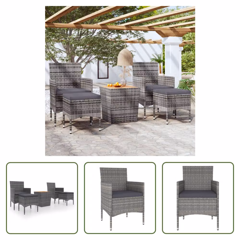The Living Store Set bistrot da giardino 5 pezzi in poly rattan e legno massiccio grigio acacia