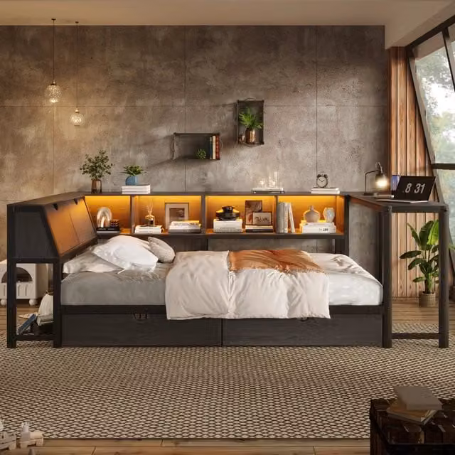 Letto singolo 90×200 cm con scrivania, 2 cassetti, LED e testiera contenitore, senza materasso, metallo, nero