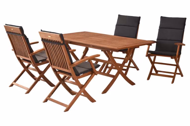 Set di mobili da giardino Merxx Comodoro 9 pezzi, 4 poltrone pieghevoli, 4 cuscini, 1 tavolo pieghevole allungabile 110 (160) x 90 cm - Eucalipto