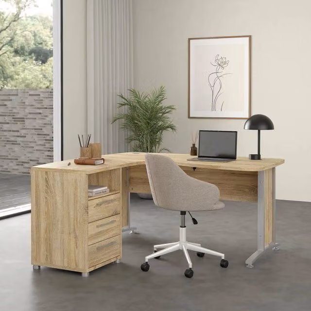 Scrivania DMORA Lumpur moderna in legno color quercia con cassettiera, L: 150,4 cm, P: 150,4 cm, H: 75,4 cm