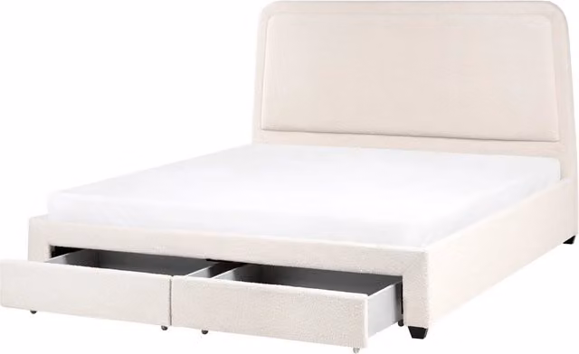 Letto imbottito in bouclé bianco sporco 180 x 200 cm Design scandinavo con morbidi cassetti sulla testiera
