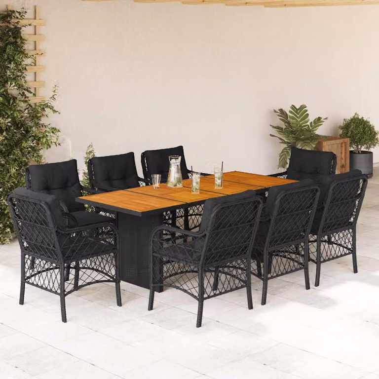 Set da pranzo da giardino vidaXL in polyrattan nero con cuscini e tavolo in legno di acacia, 9 pezzi