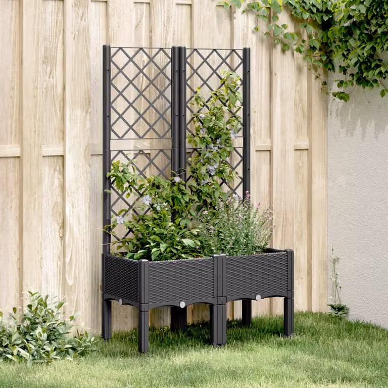 Fioriera da giardino con traliccio vidaXL nera in plastica L: 80 cm, P: 40 cm, H: 142 cm