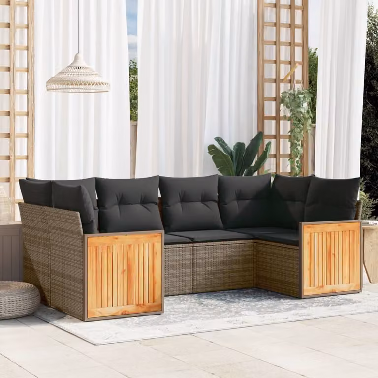vidaXL Set Divano da Giardino a L 6 pz in Polyrattan e Legno di Acacia Grigio con Cuscini Rimovibili