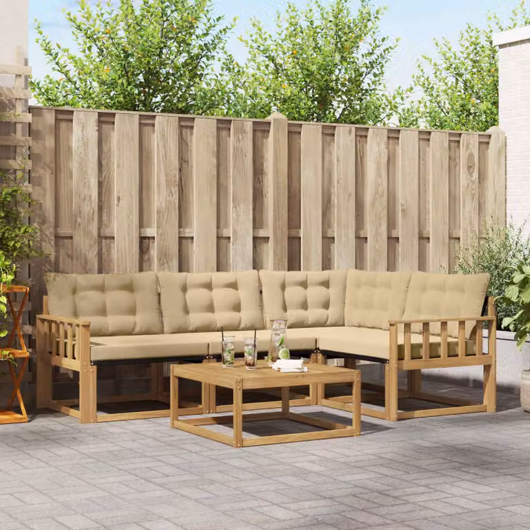 Set di divani da esterno vidaXL a forma di L con tavolino, in legno di acacia e tessuto textilene, Bianco e Beige