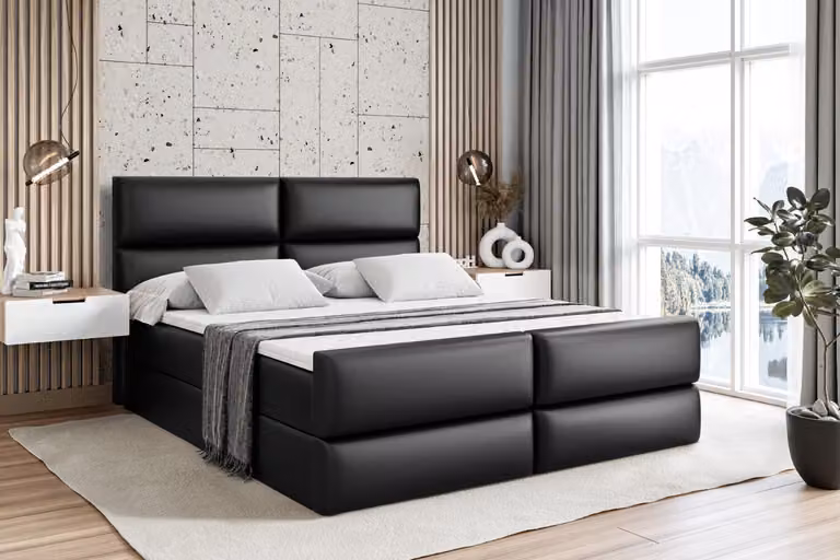 Letto boxspring ALTDECOR con pediera, materasso H3 e topper - 160x200 cm - BOXI3-Z - Pelle finta nera - Letto imbottito con contenitore e rete a doghe, letto con spazio contenitivo