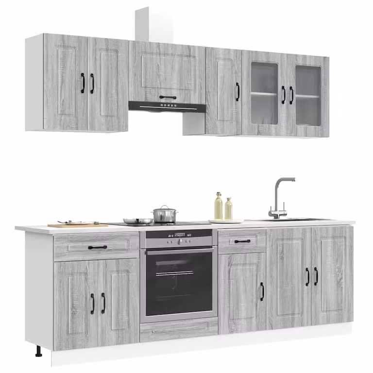 Set di mobili da cucina moderno vidaXL Kalmar composto da 8 pezzi in colore grigio con ante in vetro e ripiani interni