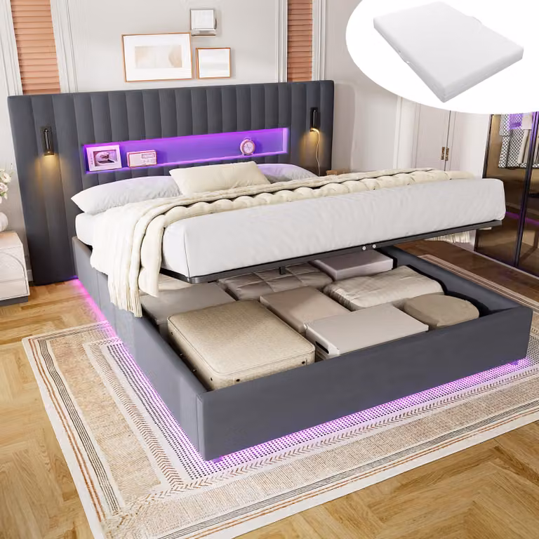 Letto matrimoniale MODFU 180x200 con materasso, letto imbottito in velluto con alta testiera, letto a molle con sistema idraulico, adatto anche per ragazzi, con luci LED e porta USB, colore grigio