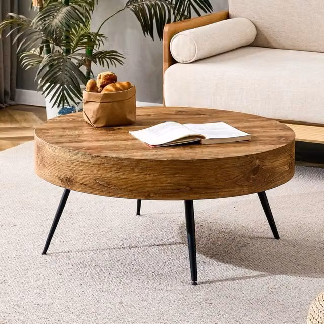 Tavolino basso fisso rotondo in MDF effetto legno con gambe in metallo nero diametro 70 cm × altezza 35.5 cm