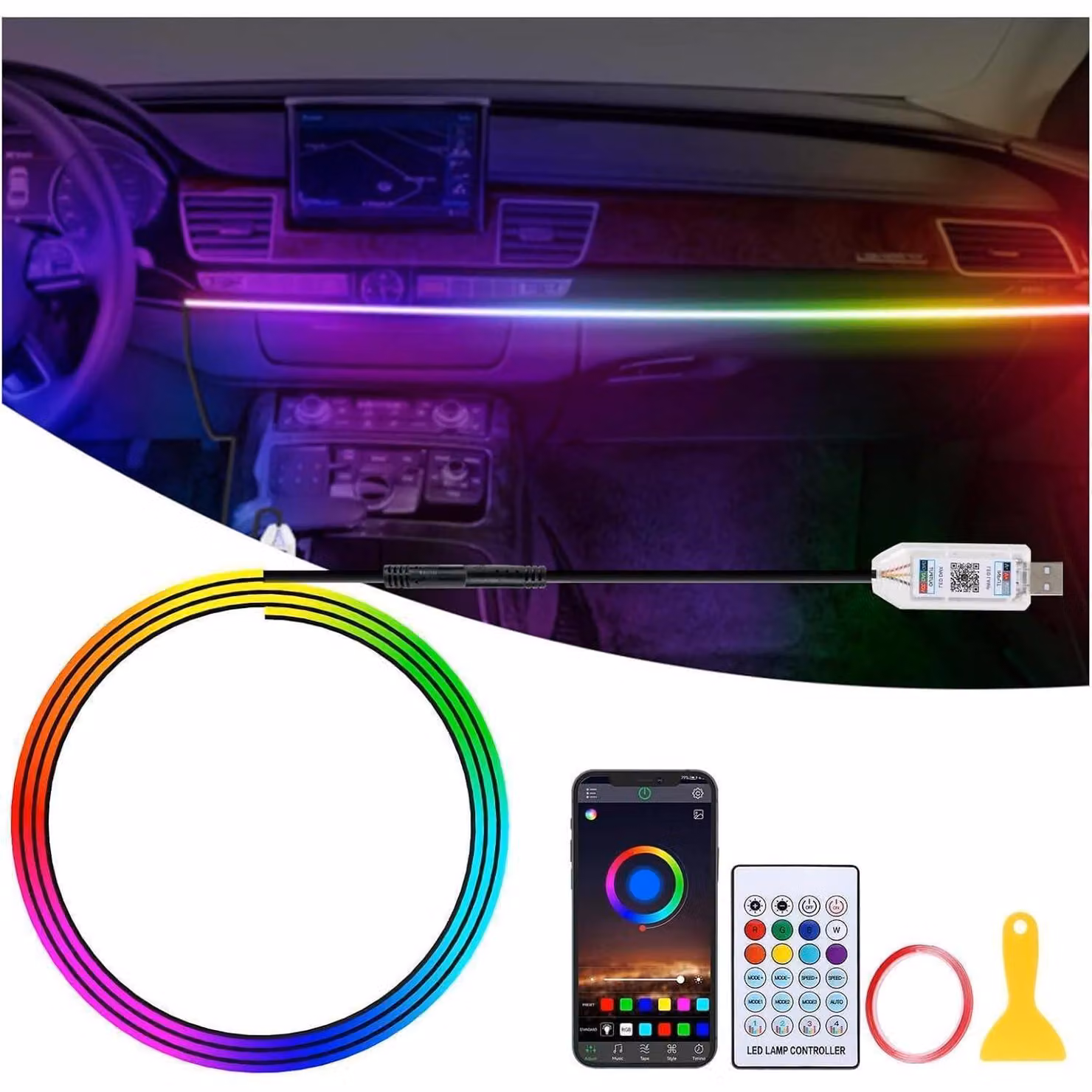 Illuminazione ambientale LED per auto, illuminazione interna, 16 milioni di colori, controllo tramite app, connessione USB