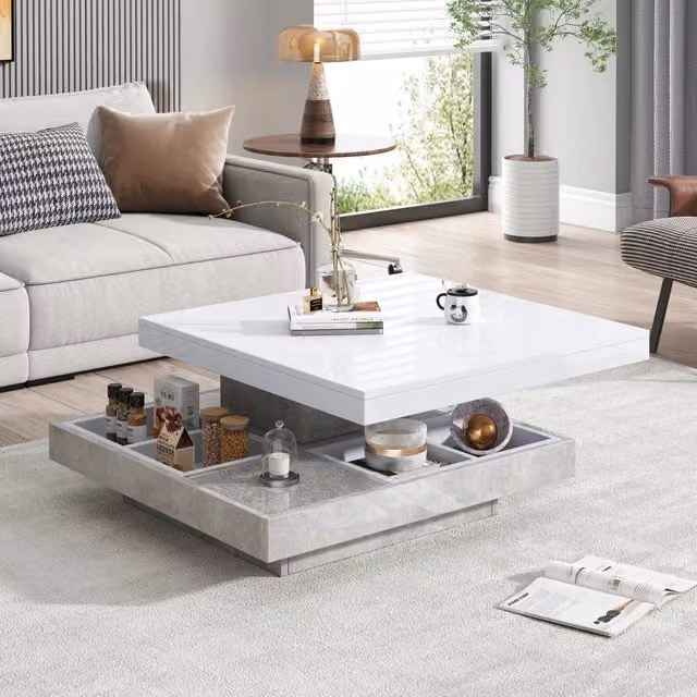 Tavolino doppio Zephmum con ripiano bianco marmorizzato lucido e placca girevole 360 gradi L/P/H: 70 x 70 x 36 cm