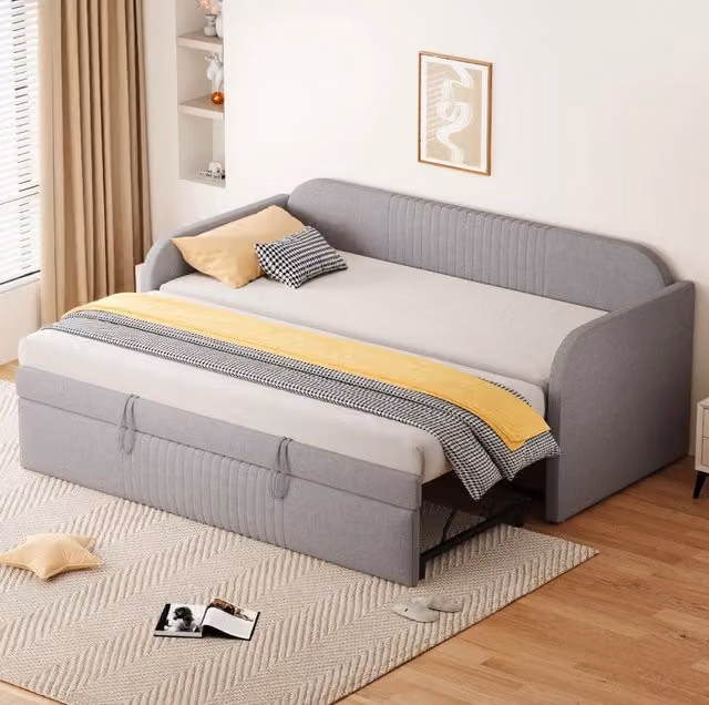 Divano letto imbottito estensibile 90/190 cm in tessuto effetto lino grigio chiaro