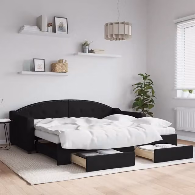 Divano Letto Estraibile con Cassetti vidaXL in Tessuto Nero L/P/H: 90 x 190 x 75 cm – 1