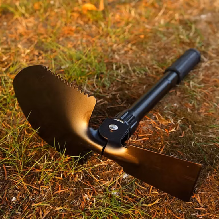 Mini pala pieghevole in acciaio con bussola e borsa di stoccaggio per il campeggio fuoristrada, il giardinaggio e lo scavo in spiaggia - Nero