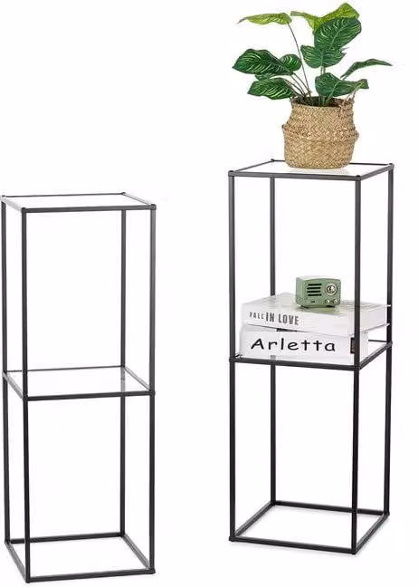 Set composto da 2 vasi da fiori in metallo con ripiani in acrilico per una decorazione di classe