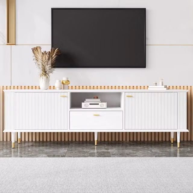 Mobile TV Mivray moderno in MDF bianco e oro con 2 ante, vano aperto, cassetto soft-close e passacavi, L: 170 cm, P: 36 cm, H: 54 cm