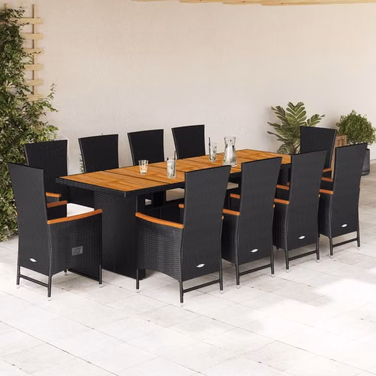 vidaXL Set da Pranzo da Giardino 11 pz in Polyrattan e Legno di Acacia con Cuscini Nero e Bianco