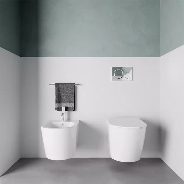 Coppia di sanitari sospesi in ceramica wc + bidet bianco lucido rimless con copri-wc soft-close | Vienna