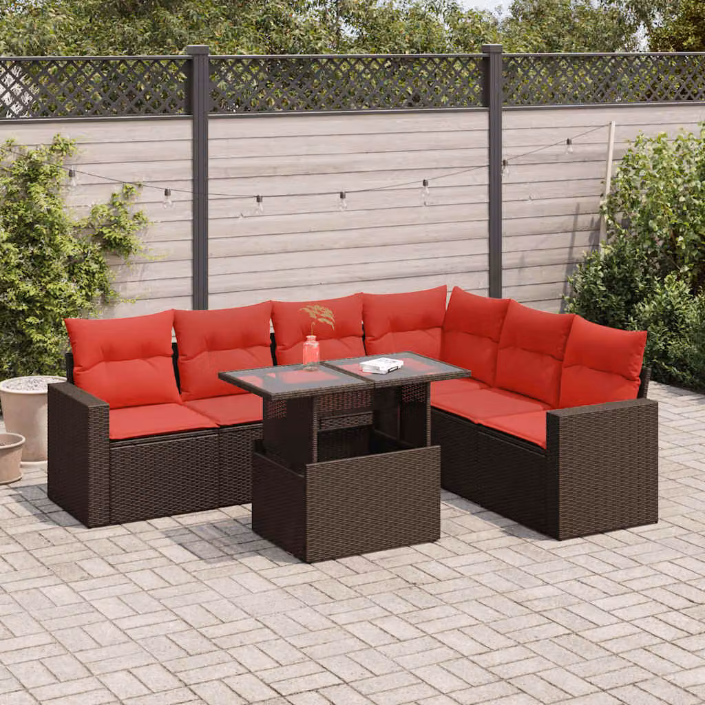 Set da giardino vidaXL in polyrattan e legno di acacia con 7 pezzi, divano ad angolo con cuscini e tavolino da esterno, grigio