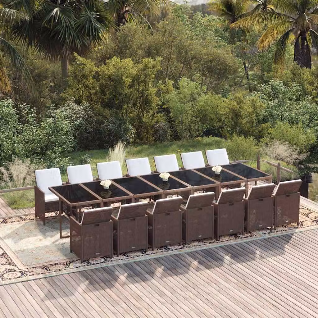 vidaXL Set da Pranzo da Giardino 15 pz in Polyrattan Marrone con Cuscini e Tavolo in Vetro