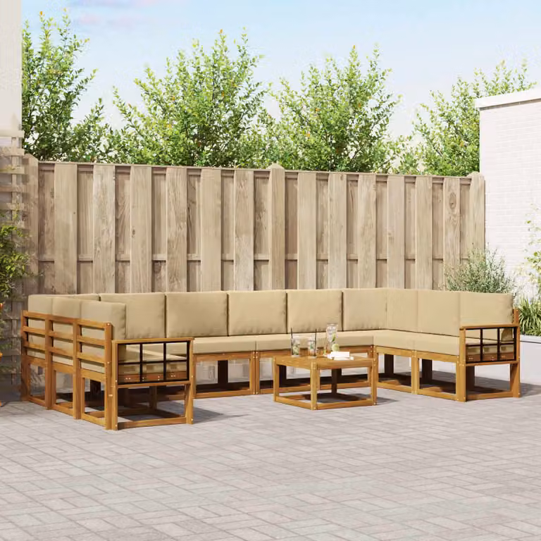 Set di divani da esterno vidaXL 11 pezzi in legno di acacia con cuscini beige e marrone a forma di U per giardino e terrazza