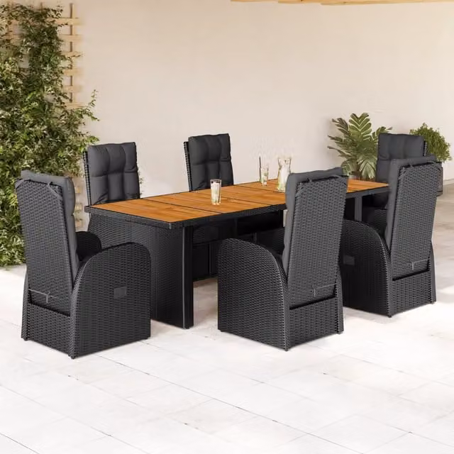 Set da Pranzo da Giardino vidaXL in Legno di Acacia e Polyrattan Nero, 7 Pezzi