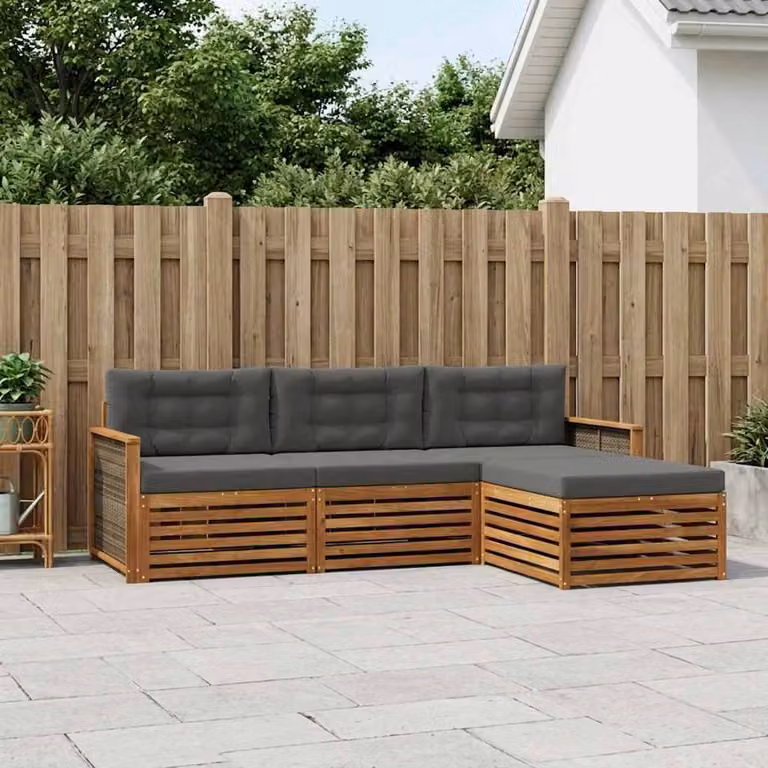 vidaXL Set di divani da esterno a L con pouf 4 pz in legno di acacia, colori beige e antracite
