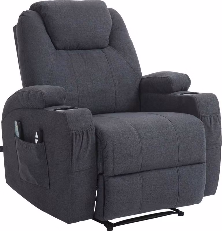 Lussuosa poltrona reclinabile con funzione massaggio - Confortevole poltrona con funzione di riscaldamento e portabicchieri. Materiale: Tessuto. Colore: Grigio scuro