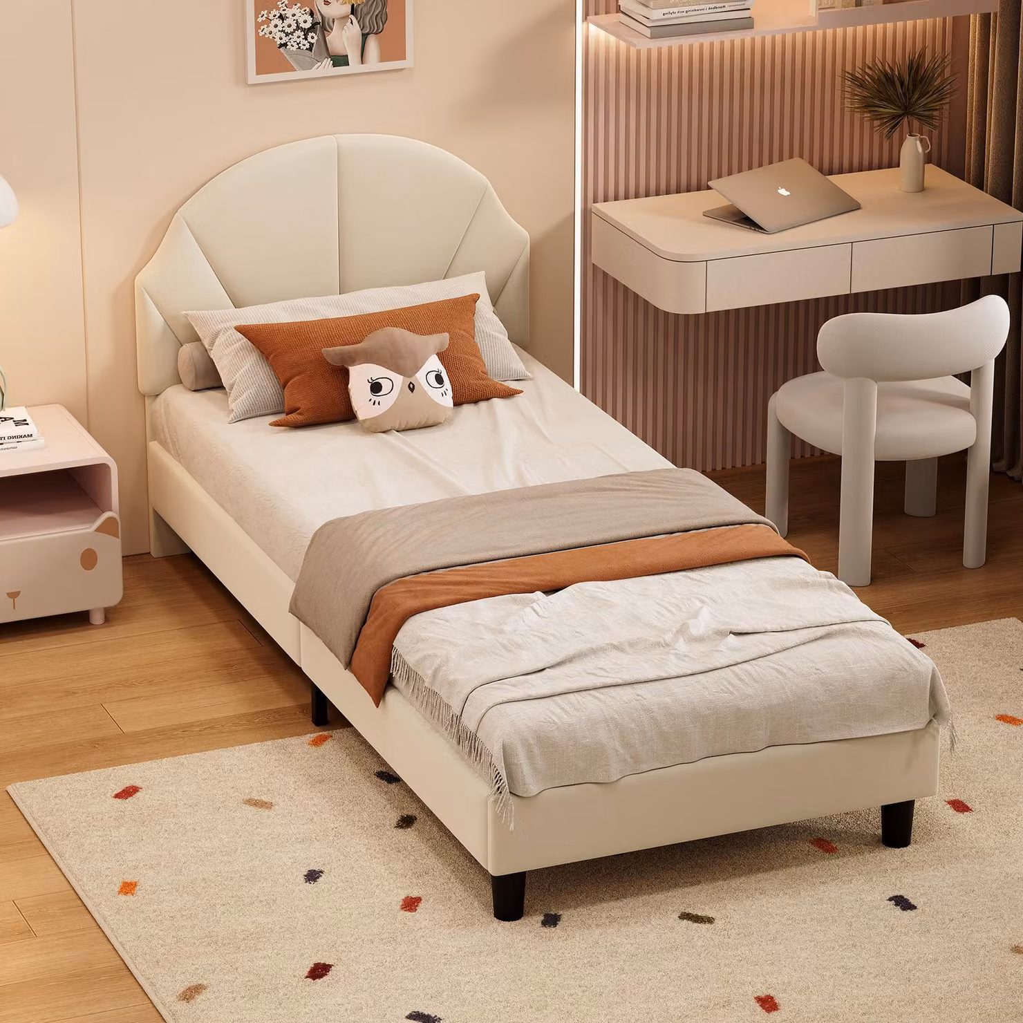 ProximaX Accogliente lettino 90x200 cm con morbido rivestimento in velluto, color beige, per la cameretta dei bambini o dei ragazzi.