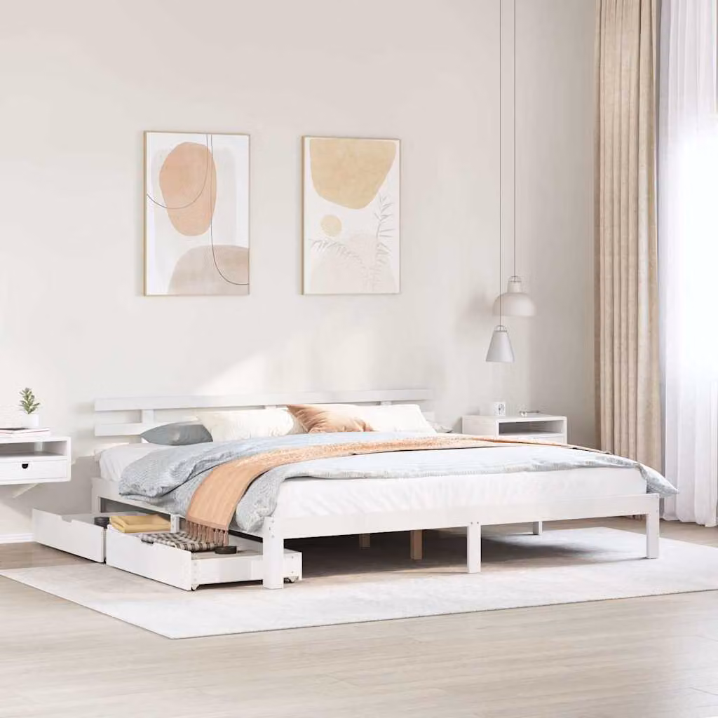 vidaXL Giroletto con Cassetti in Legno Massello di Pino Bianco 200x200 cm