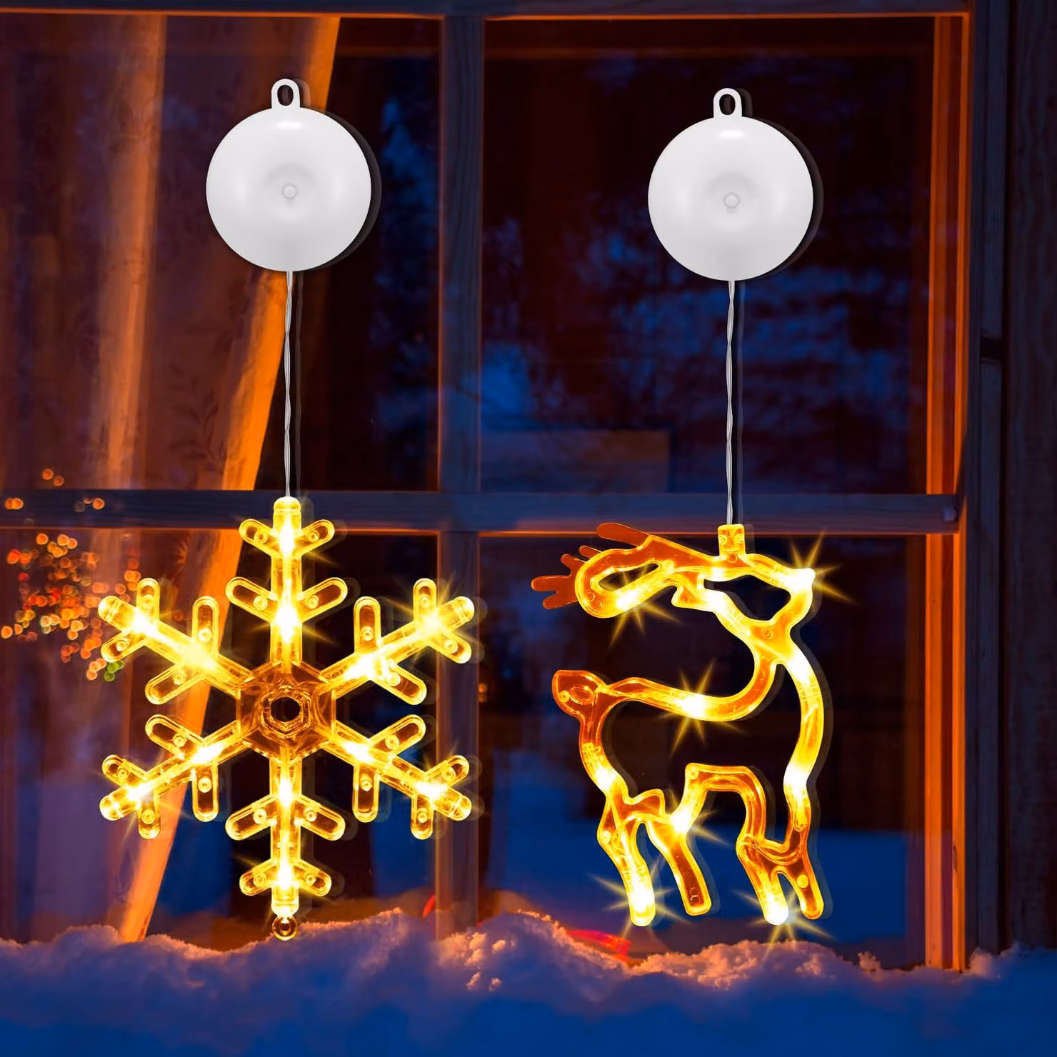 Illuminazione natalizia per finestre, set da 2, LED, luce bianco caldo, con decorazioni a forma di fiocchi di neve e renne