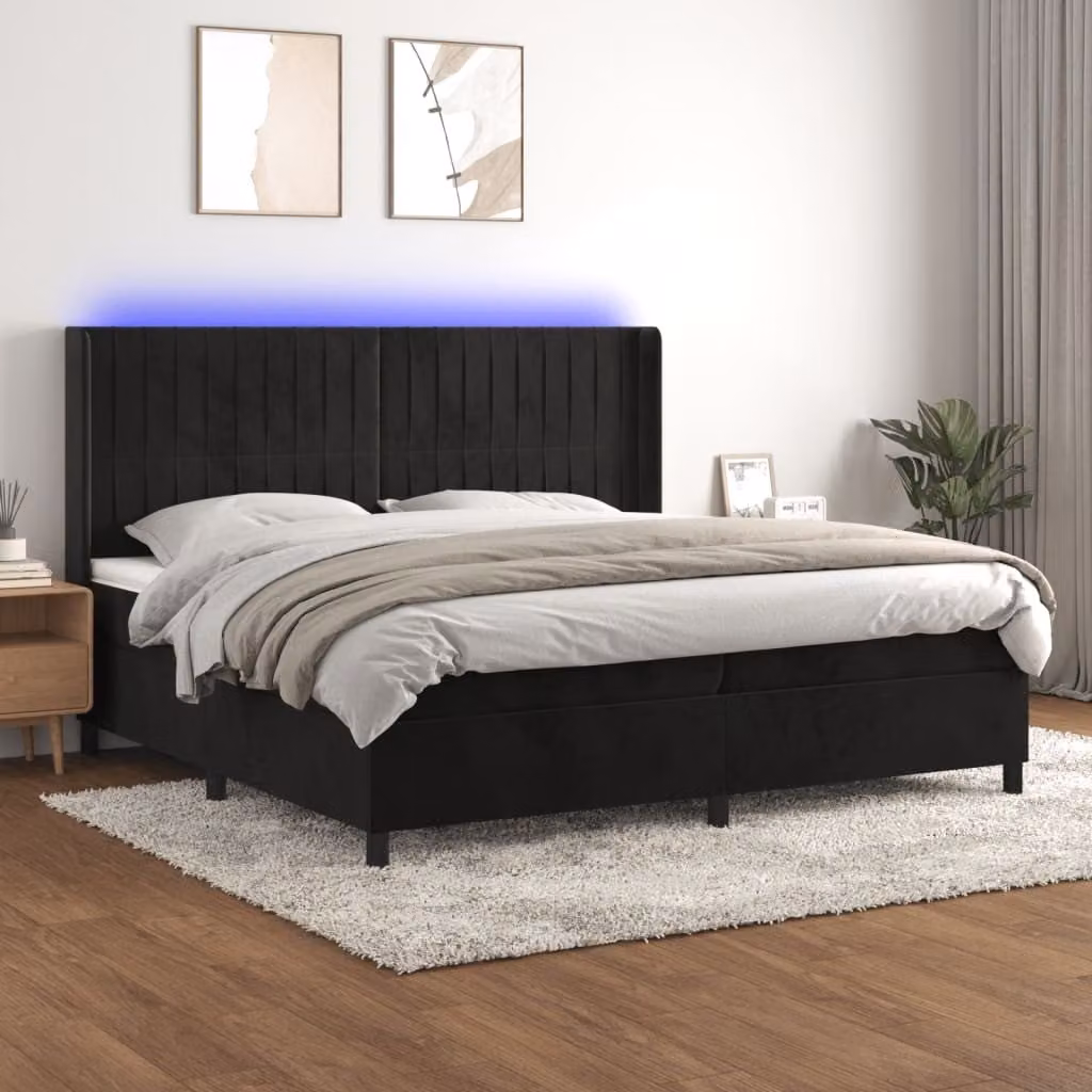 The Living Store Letto a molle con materasso e LED nero 200x200 cm in velluto