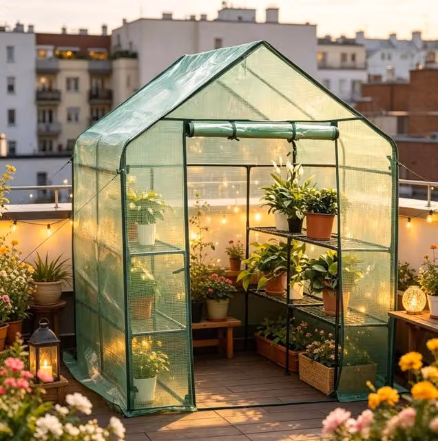 Serra da giardino verde in tubi d'acciaio con copertura in PE, 143x143x195 cm, apertura frontale con zip