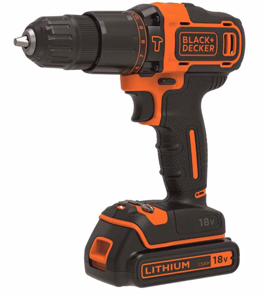 Trapano Avvitatore a Percussione Black+Decker 18V con Batteria al Litio 1.5Ah, 40Nm e 2 Velocità, con Valigetta, Nero e Arancione – 1