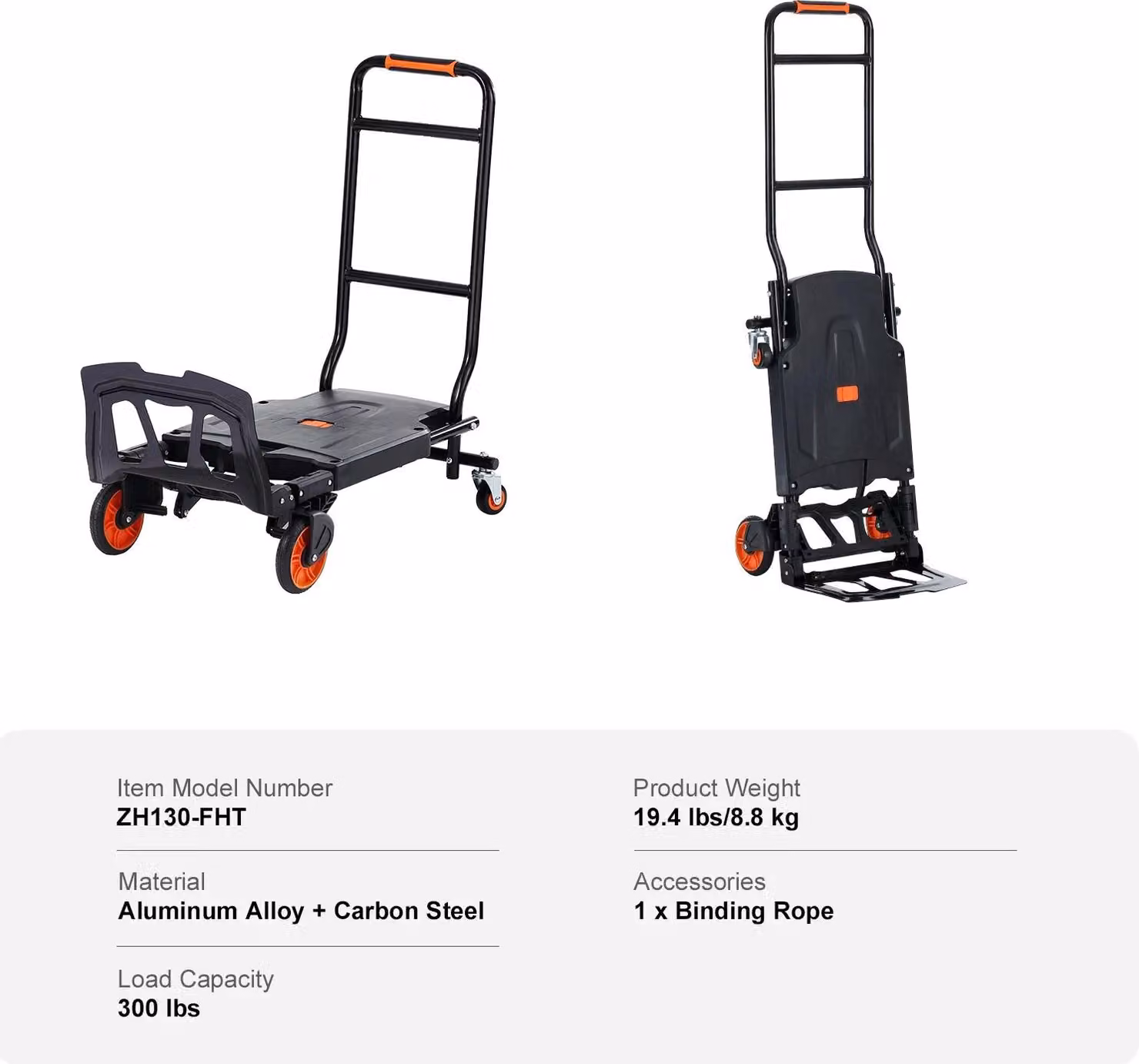 Carrello manuale pieghevole, lega di alluminio, design pieghevole, 300 lbs Nero