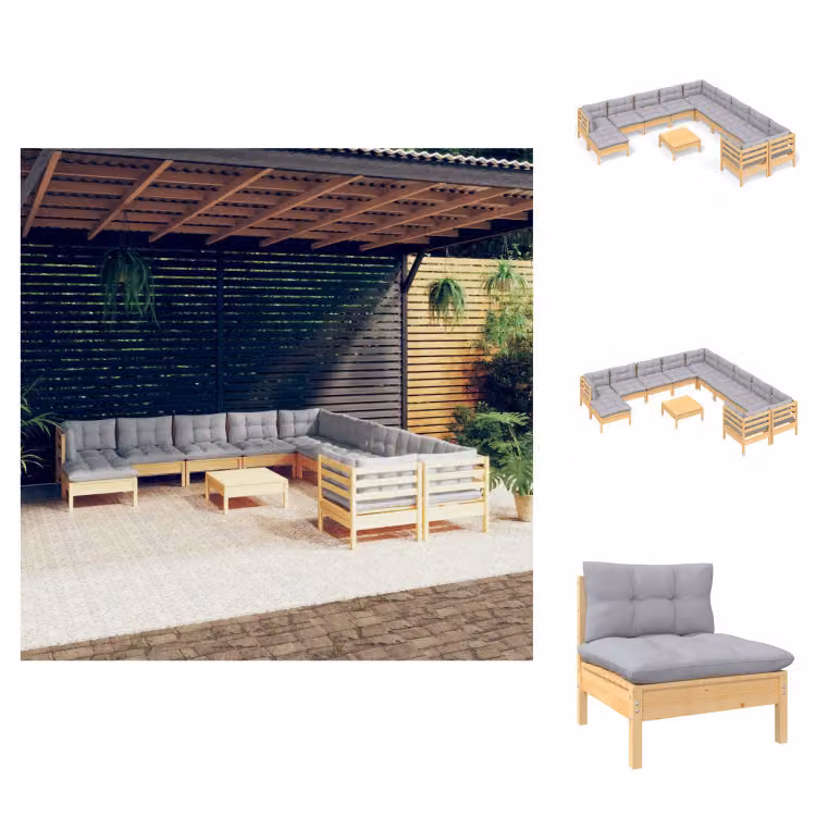 vidaXL Set di 12 pezzi da giardino con cuscini grigi in legno di pino - Set di mobili da giardino