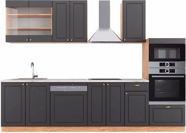 Cucina componibile Fame-Line Vicco Antracite e Rovere dorato con armadio alto e piano in marmo L: 300 cm, H: 197.6 cm, P: 60 cm