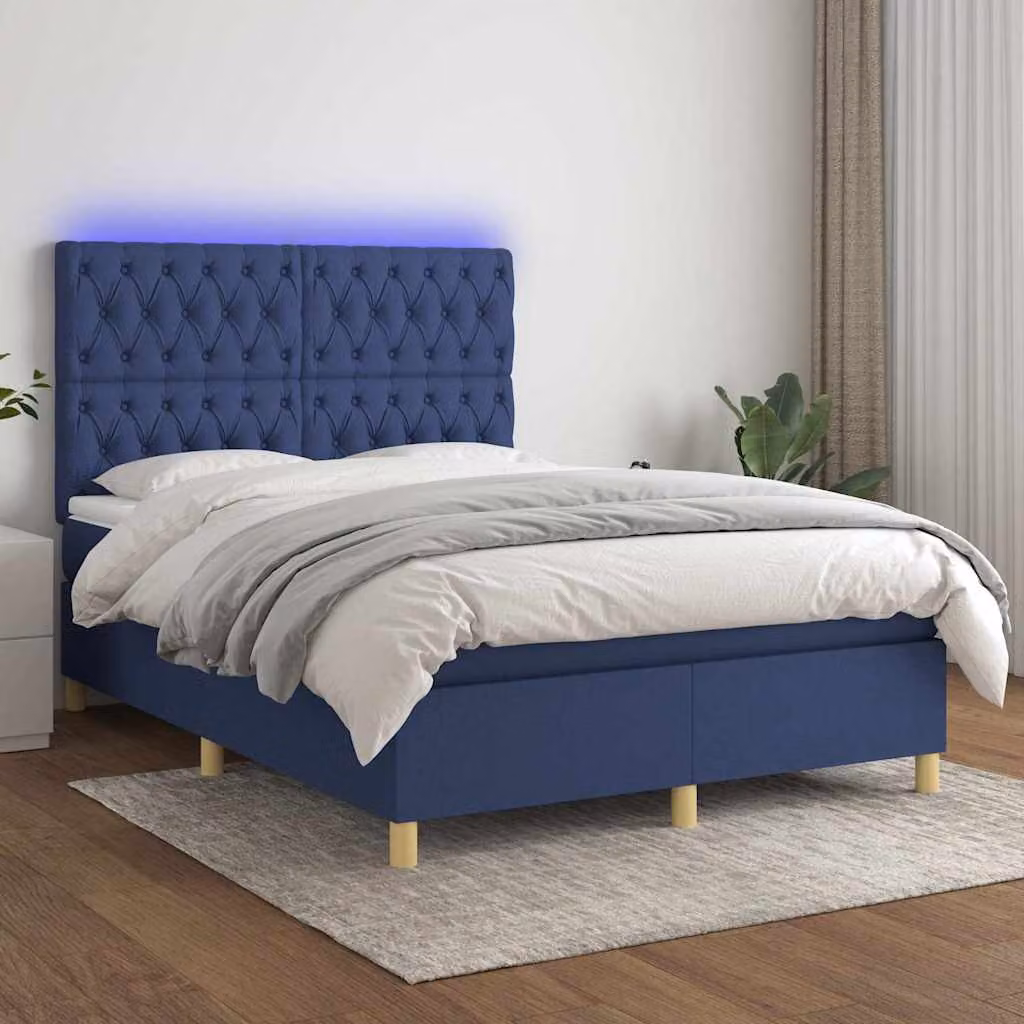 Letto Ibrido vidaXL con Materasso e Illuminazione LED Blu e Porta USB in Tessuto, L/P: 140 x 190 cm – 1