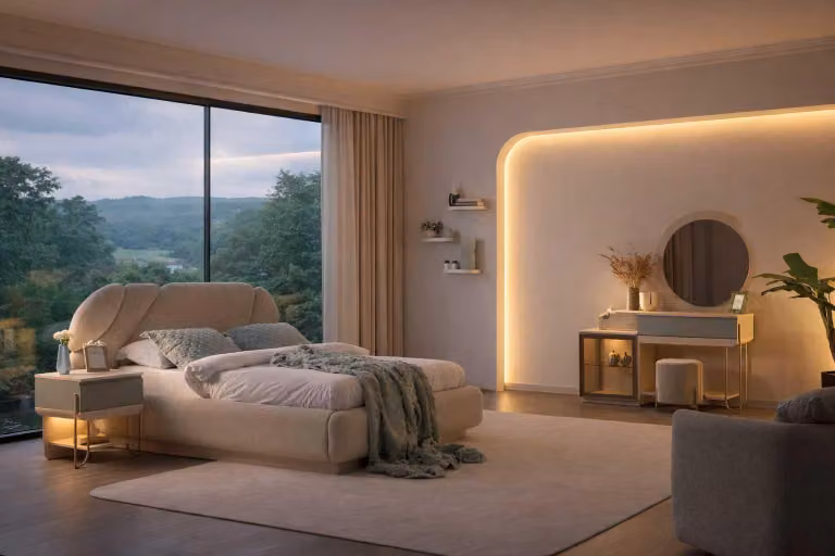 Letto, comodino, toletta, specchio, sgabello, stile moderno, colore beige