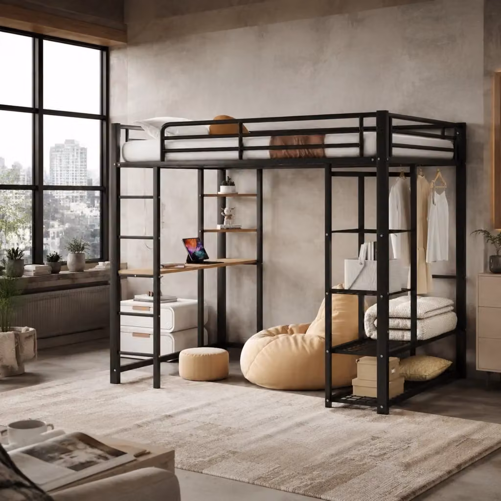 Letto a soppalco matrimoniale moderno in metallo e MDF con scrivania e scomparti laterali, nero, L/P/H: 200 x 140 x 204 cm – 2